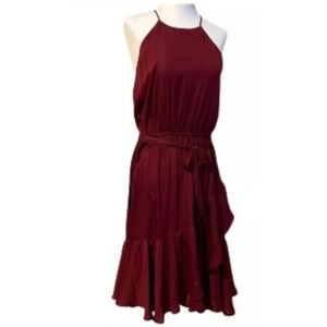 Loft Dress size M Sleeveless Burgundy Ruffle Skirt Tie Waist Romantic Date Love
